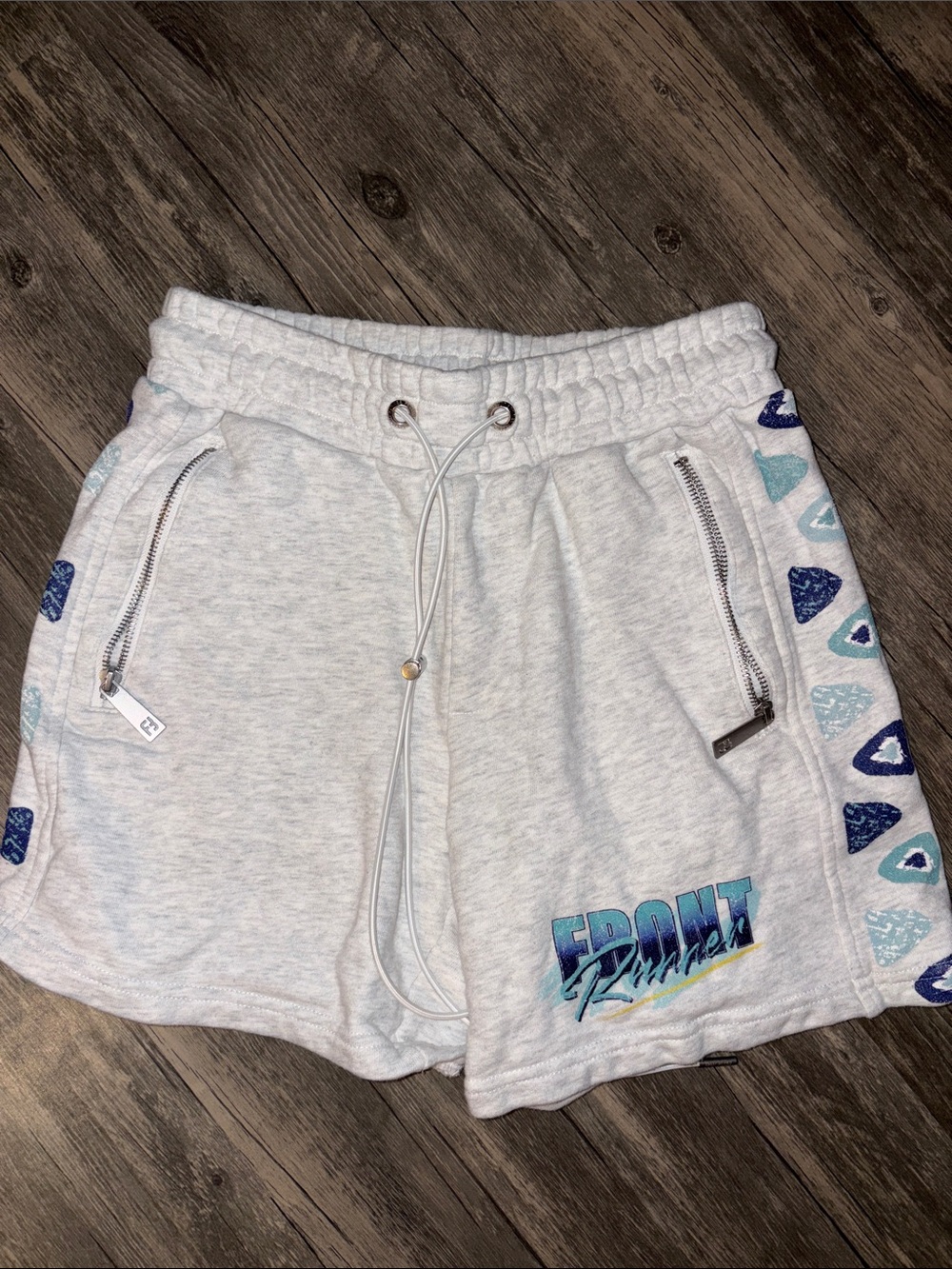 Front runner Mens Light Gray Drawstring Shorts with Blue Accent small